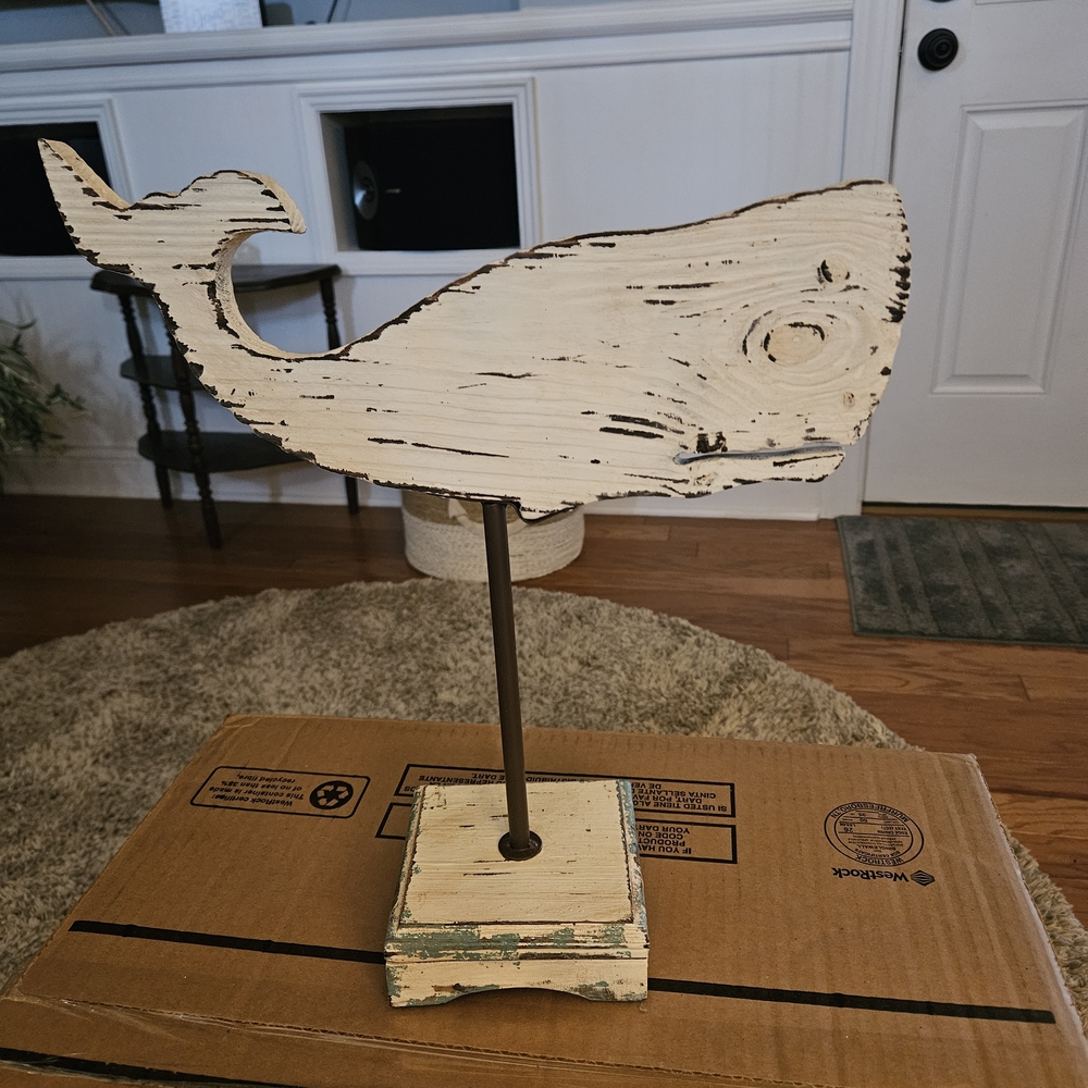 Distressed White Wooden Whale Décor on Stand